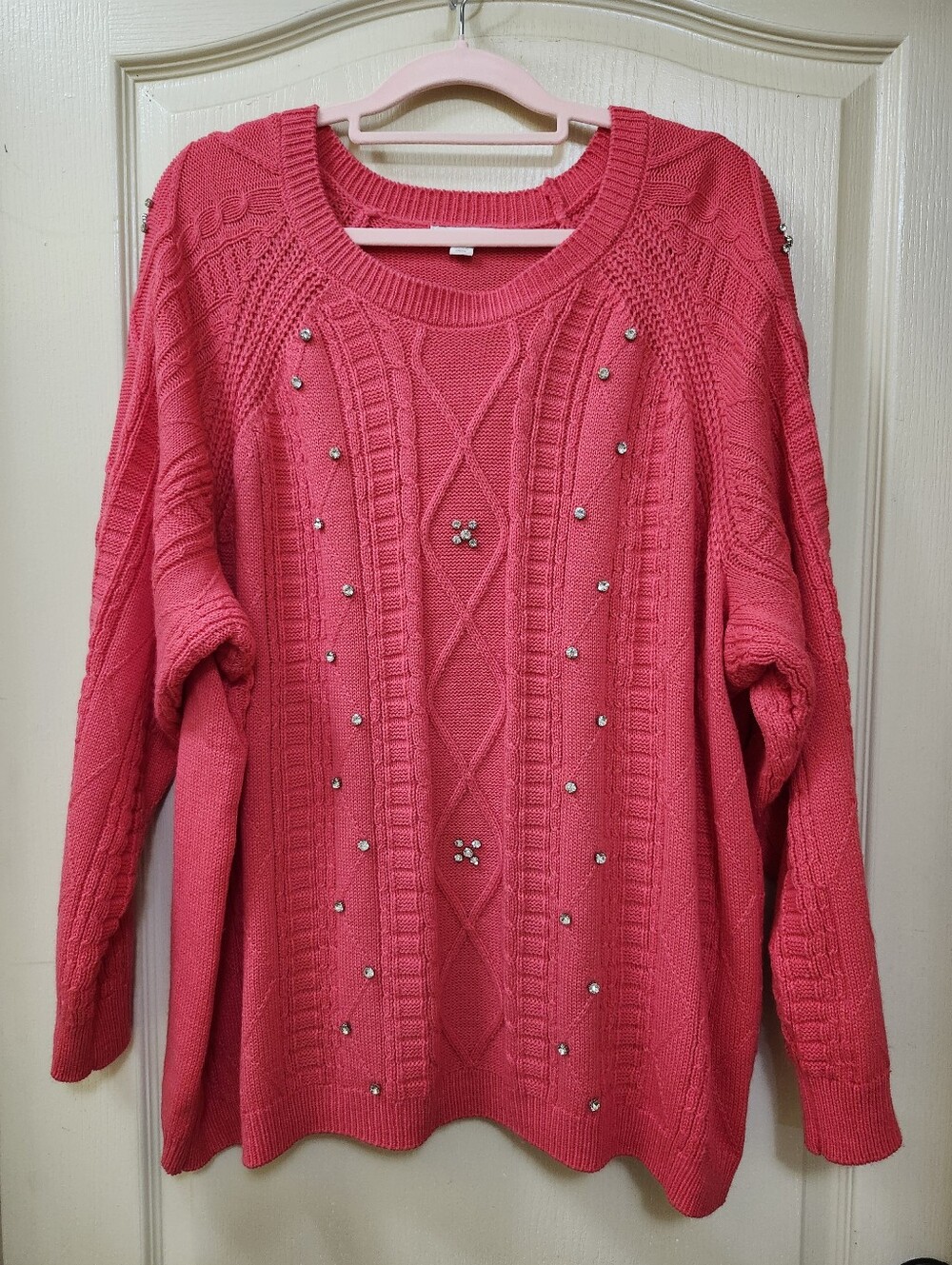 Cato Pink Cable Knit Embellished Rhinestone Sweater